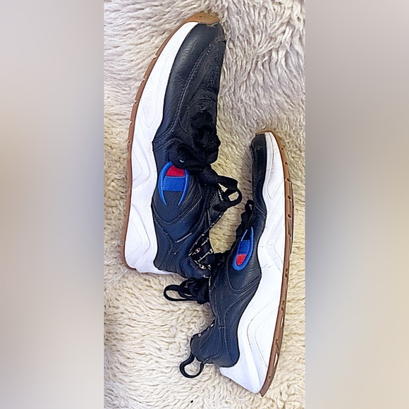 Champion Soft Leather Black Sneakers with Blue & Red Logo Accents - Picture 3 of 7